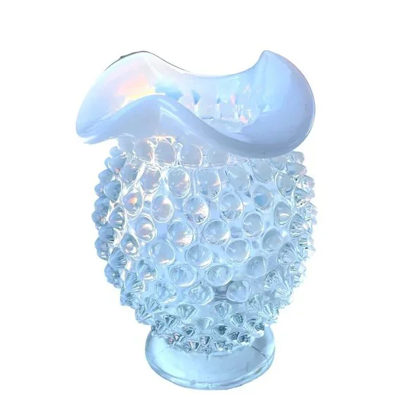 Fenton Vintage White Hobnail Opalescent Milk Glass Vase Petite Ruffled Edge Deco